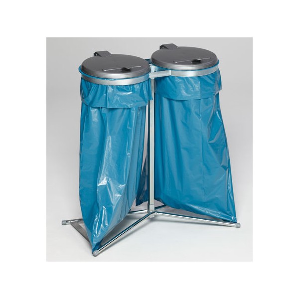 Support 2 sacs stationnaire galvanisé 120L avec couvercle plastique